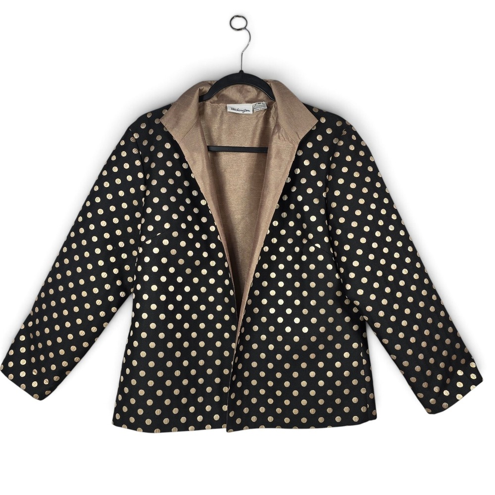 Patchington Blazer Womens M Open Front Black Gold Polka Dot Metallic Dressy VTG